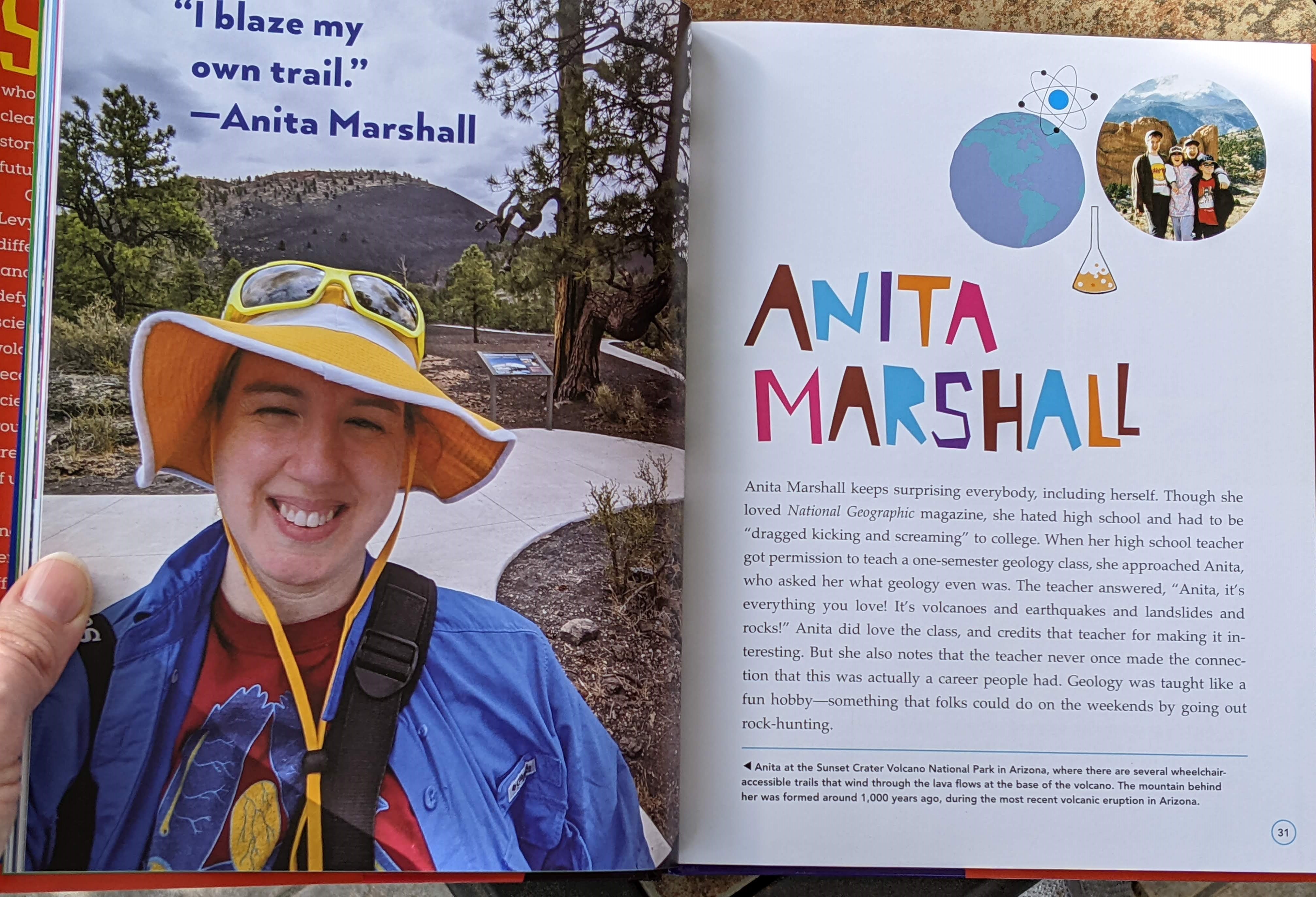 Image 1 Anita smiles and points to herself on a big screen TV. Image 2 the opening page of the chapter of her in the book Breaking the Mold. Anita is out in the field wearing a floppy yellow hat in front of Sunset Crater volcano with a text art that reads "I blaze my own trail".